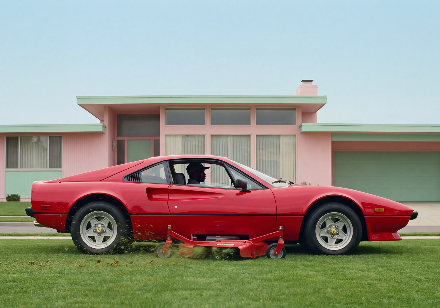 Red sports car mowing a lawn in front of a pink house.