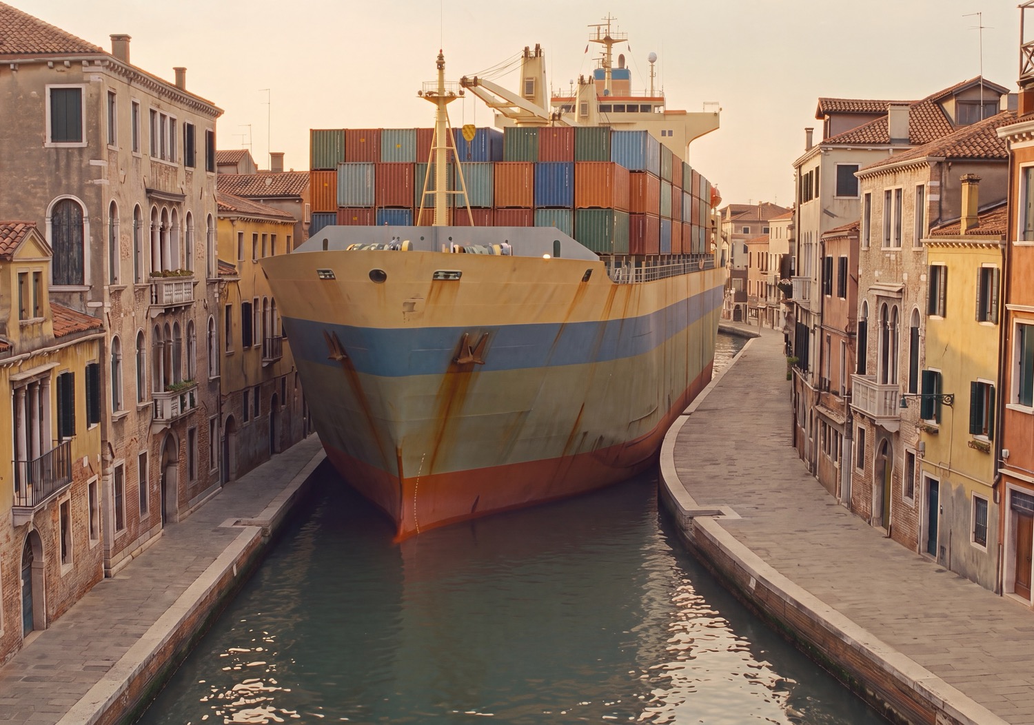 Container ship wedged in a narrow canal between buildings.