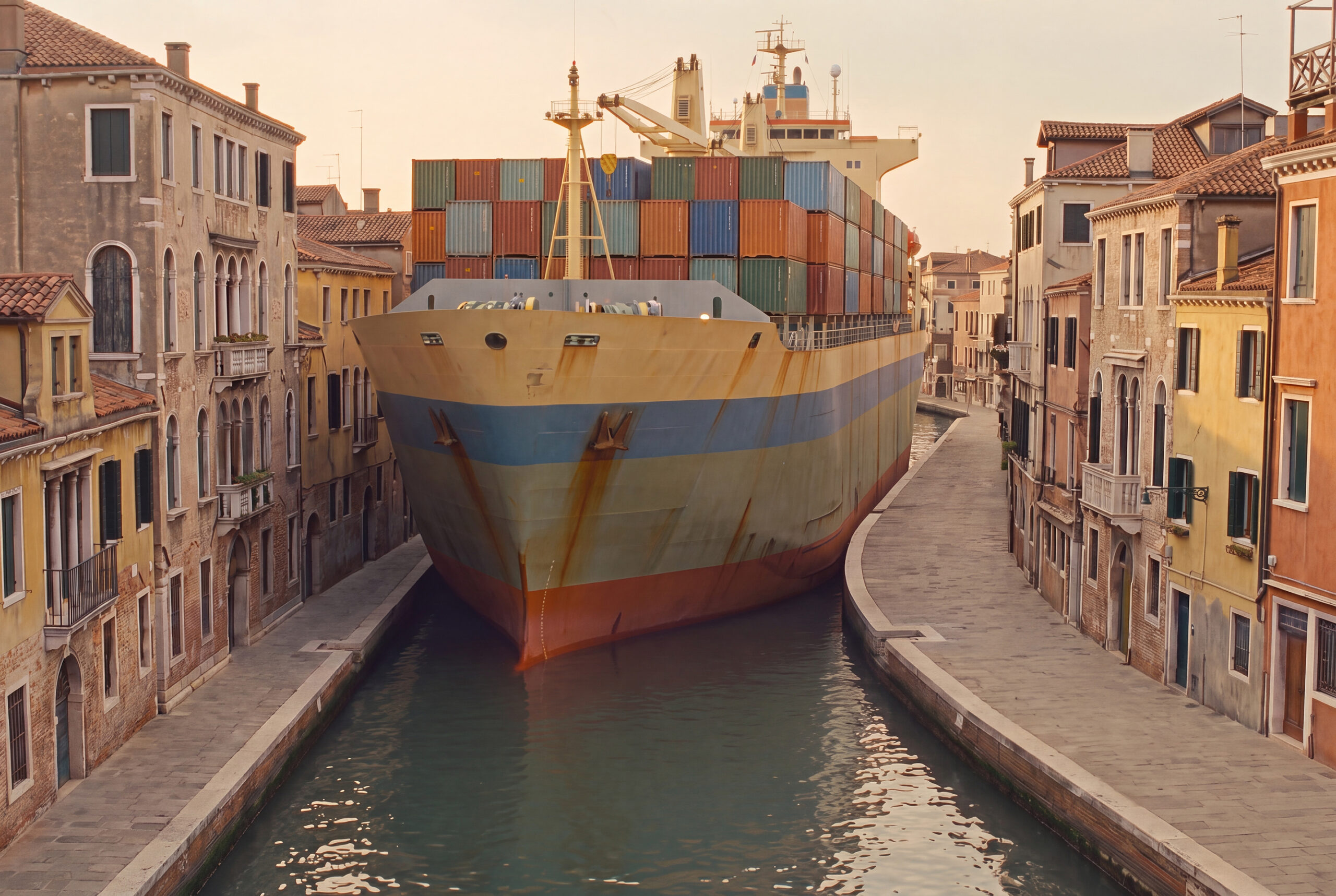 Container ship wedged in a narrow canal between buildings.