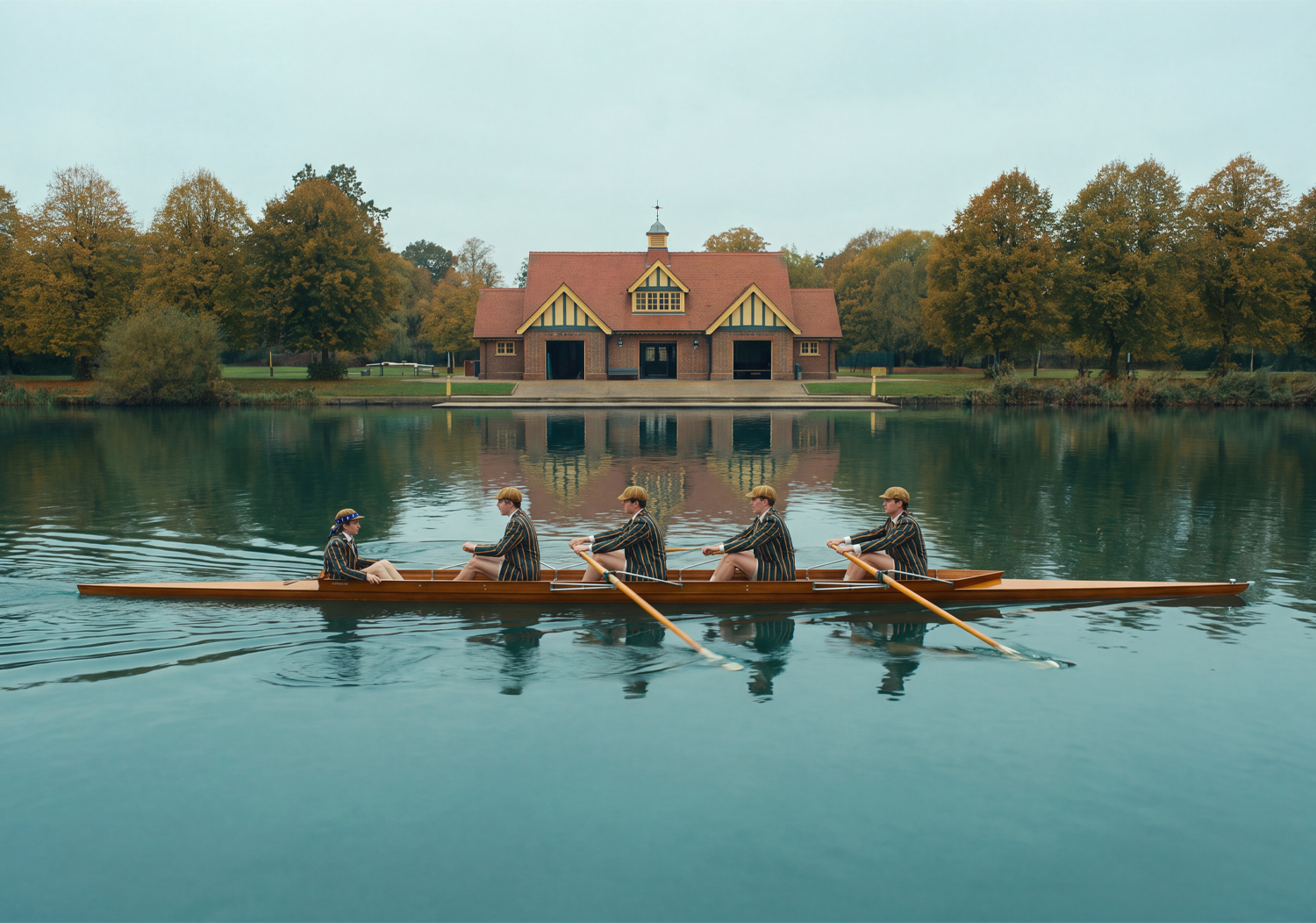 Rowing team crossing a lake in a narrow boat.