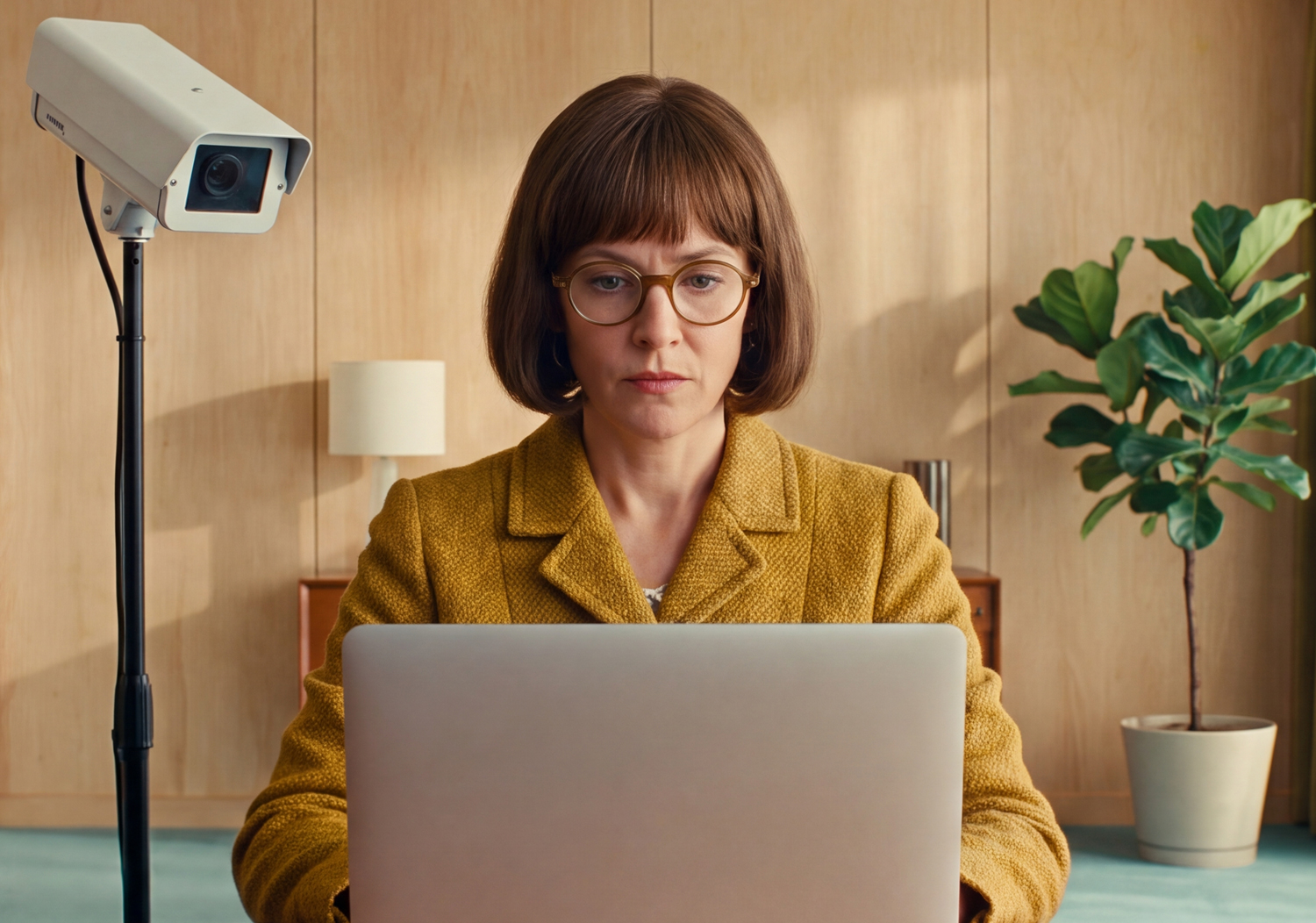 Woman working at a laptop beside a security camera.