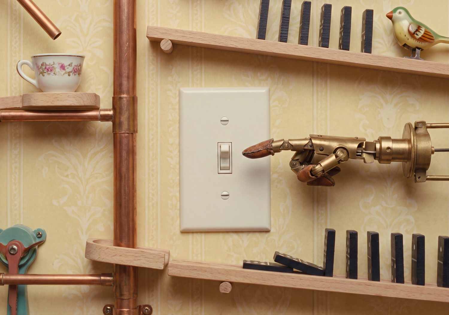 Mechanical hand reaching toward a wall switch.